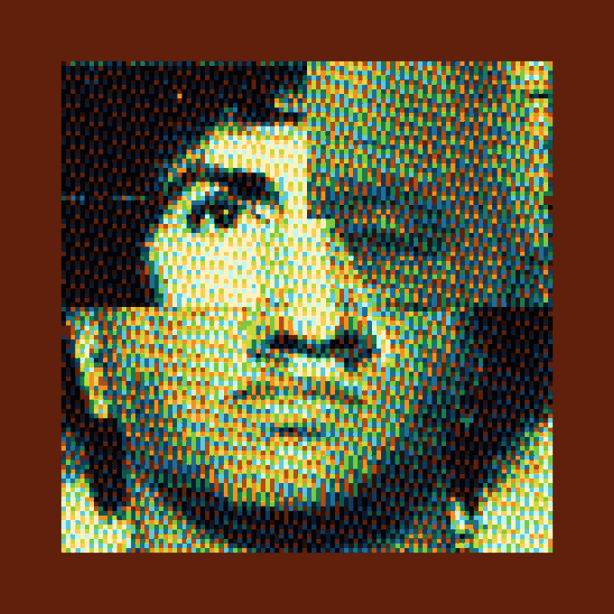A pixelated, colorful mosaic-style portrait of a woman's face against a deep red border.