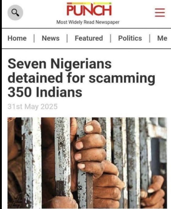 A screenshot of a Punch Newspaper headline dated May 31, 2025, reading "Seven Nigerians detained for scamming 350 Indians," accompanied by an image of hands gripping prison bars. The crime-related headline ironically contrasts with the celebratory "Solana summer" post, highlighting fraud's real-world human toll amid crypto enthusiasm.