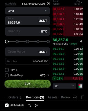 A cryptocurrency trading interface displays a BTC/USDT market price of 86,357.9 with a +2.96% increase, showing order entry fields and a BUY button on a 'Positions' tab.
