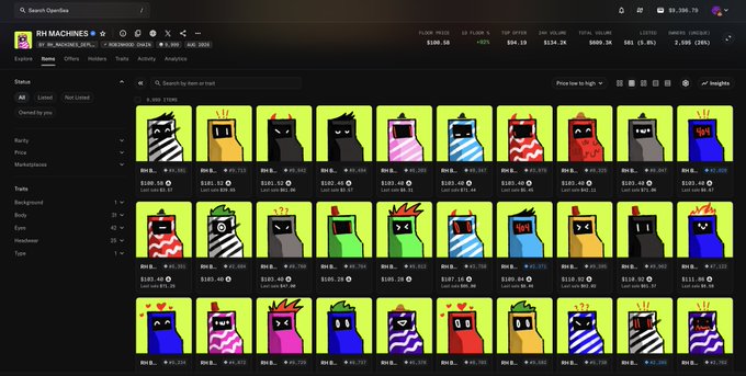 An OpenSea marketplace page displays the 'RH MACHINES' NFT collection with a floor price of 0.05 ETH, 10K items, and +21% 1-day volume change, showing a grid of pixelated character NFTs in various colors.