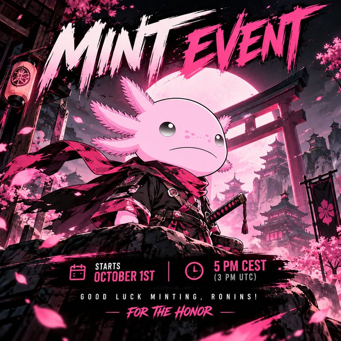 A promotional poster for an NFT 'Mint Event' featuring a pink axolotl samurai character against a Japanese backdrop with a torii gate, cherry blossoms, and pagodas, announcing the event starts October 1st at 5 PM CEST (3 PM UTC).