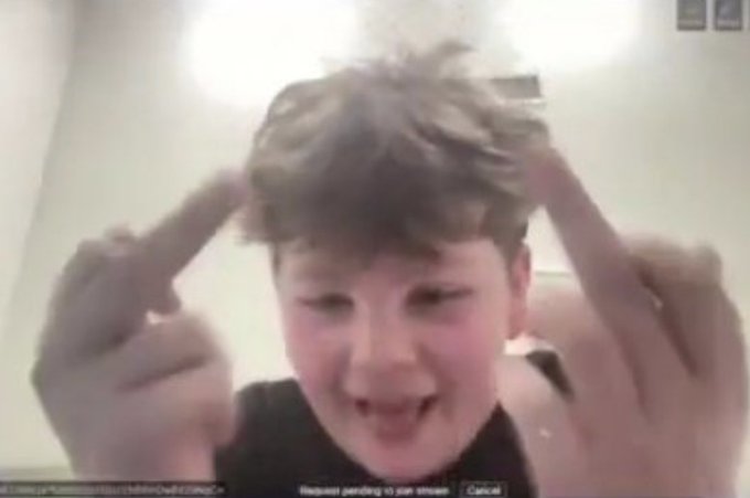 A grainy webcam screenshot shows a young boy pointing both index fingers at his head with a wide smile, with 'Request pending in your stream' and a 'Cancel' button visible at the bottom.