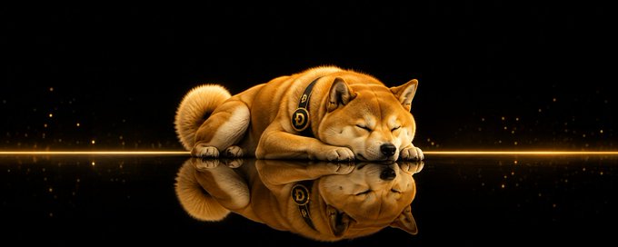 A Shiba Inu dog sleeps peacefully on a reflective black surface with golden sparkles, with its reflection mirroring below. The image relates to "Dogecoin." by symbolizing the iconic Shiba Inu breed associated with the cryptocurrency, presented in a serene, luxurious aesthetic.