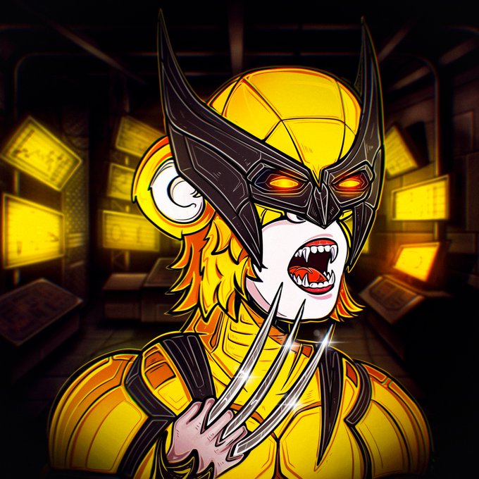 A digital illustration shows a fierce, anime-style character with yellow and orange hair wearing a dark, winged mask with glowing red eyes and extending metallic claws from her hand, baring sharp fangs.