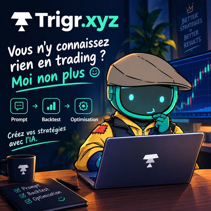 An advertisement for 'Trigr.xyz' featuring a robot character at a laptop, with French text 'Vous n'y connaissez rien en trading ? Moi non plus 😊' and notes 'Créez vos stratégies avec l'I.A.'