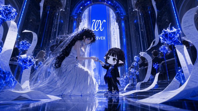 Anime-style wedding scene with a bride in a white gown and groom in formal attire on a blue-lit church aisle, with floating scrolls and the text 'UEX SVEX'.