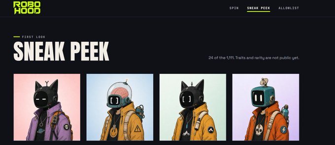 A 'ROBO HOOD' website interface shows a 'SNEAK PEEK' section noting '24 of the 1,111 Traits and rarity are not public yet', displaying four cartoon robot character portraits against pastel backgrounds.