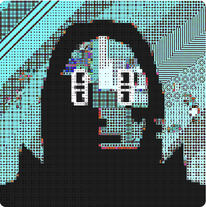 A stylized, pixelated or mosaic portrait of a face in shades of teal, black, and white.