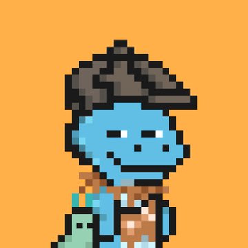 A pixel art character with blue skin wearing a brown hat and overalls, resembling a farmer, against an orange background.