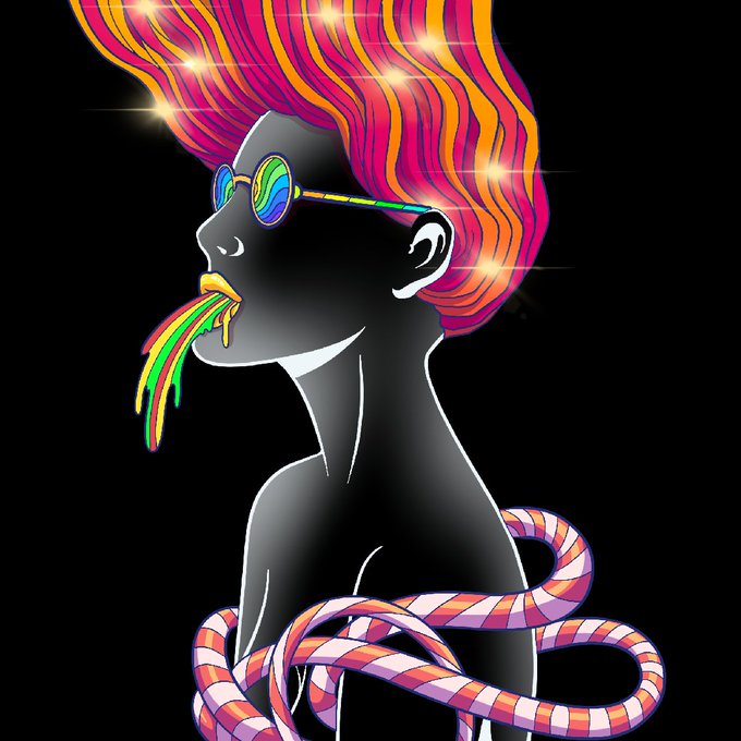 Colorful psychedelic digital illustration of a figure with flowing pink and orange hair, rainbow sunglasses, and rainbow liquid dripping from their mouth, surrounded by a striped snake.