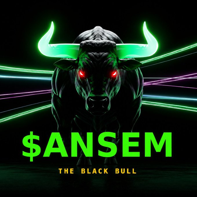 A dramatic digital illustration of a black bull with glowing green horns and red eyes, surrounded by neon green and pink light streaks, with the text '$ANSEM' and 'THE BLACK BULL' displayed below.