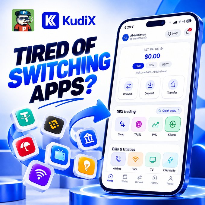 Advertisement for the KudiX app featuring the tagline 'TIRED OF SWITCHING APPS?' with a smartphone showing features like Convert, Deposit, Transfer, Swap, TP/SL, PNL, KScan, and bill payment options.
