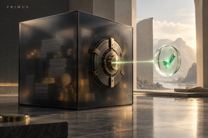 A dramatic 3D rendering labeled 'PRIMUS' showing a black glass vault filled with gold bars and coins, with a green laser beam projecting from the vault's dial toward a glowing checkmark emblem floating to the right.