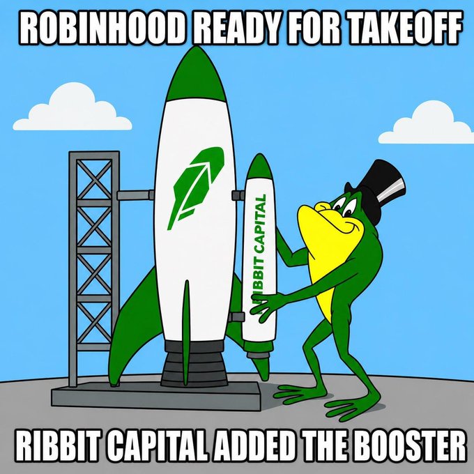 A cartoon-style meme showing a green frog in a top hat attaching a 'RIBBIT CAPITAL' booster to a Robinhood-branded rocket, captioned 'ROBINHOOD READY FOR TAKEOFF' and 'RIBBIT CAPITAL ADDED THE BOOSTER'.