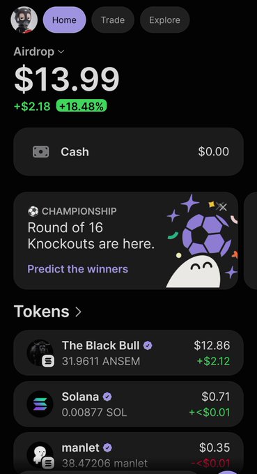 Mobile crypto wallet screen showing an Airdrop balance of $13.99 (+18.48%) and tokens including The Black Bull, Solana, and manlet.