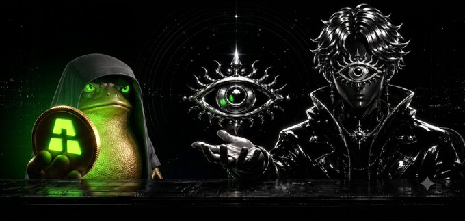 A dark, stylized digital artwork showing a hooded figure holding a glowing green symbol alongside a person with an ornate eye covering.