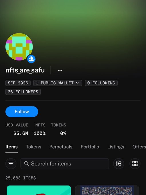 The image shows a profile page for "nfts_are_safu" with a USD value of $5.6M, 100% in NFTs, 26 followers, and 25,083 items, supporting the post's point about The Quit team rescuing $6m worth of NFTs without needing to prove their credentials.