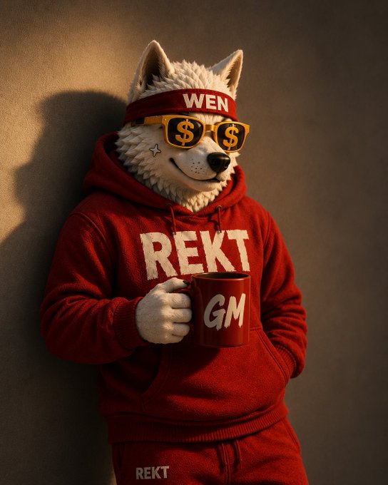 A white wolf wearing dollar-sign sunglasses, a "WEN" headband, and a red "REKT" hoodie holds a "GM" mug while leaning against a textured wall. The image's bullish crypto slang ("GM," "REKT," "WEN," "$") visually reinforces the post's midweek motivational "Humpsday" message to stay bullish and keep stacking.