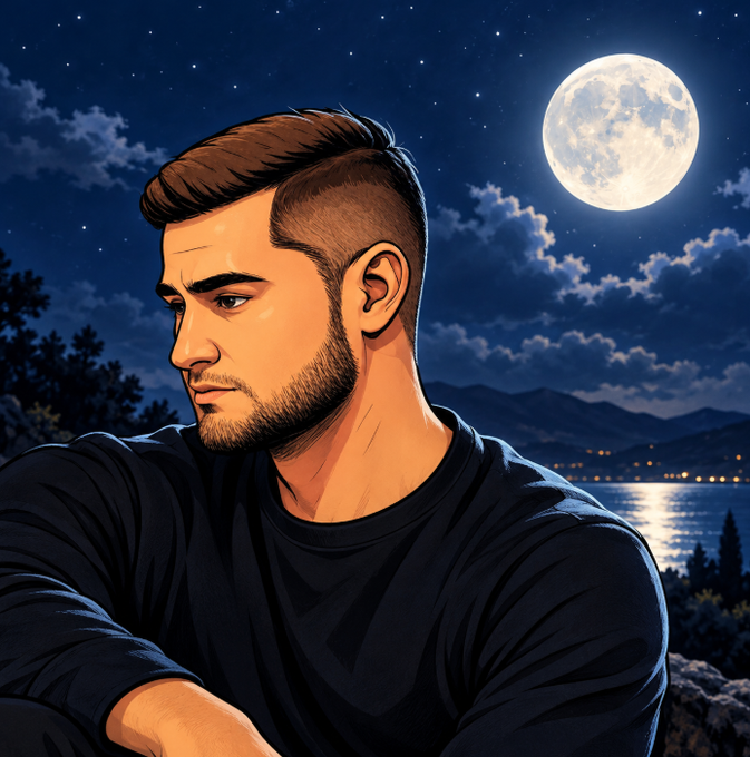 A digital illustration of a man with brown hair and a beard, wearing a black long-sleeve shirt, gazing into the distance with a large full moon and night sky over water in the background.
