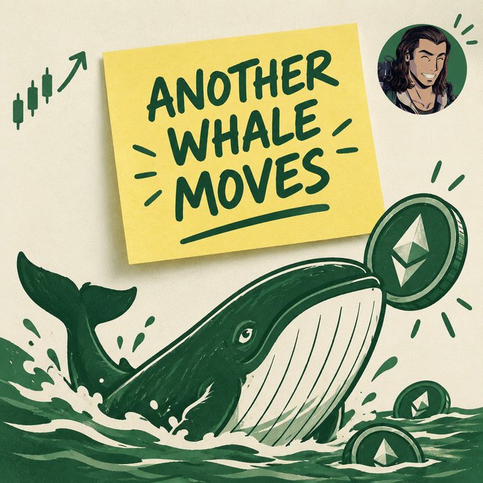 An illustrated graphic with a yellow sticky note reading 'ANOTHER WHALE MOVES' above a cartoon green whale swimming with Ethereum coins.