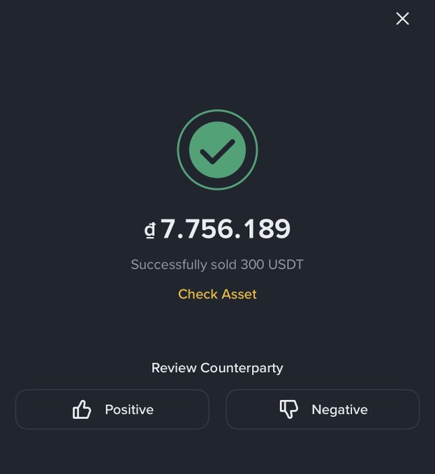 A success confirmation screen showing '₫ 7.756.189' for successfully selling 300 USDT, with options to check asset and review the counterparty as positive or negative.