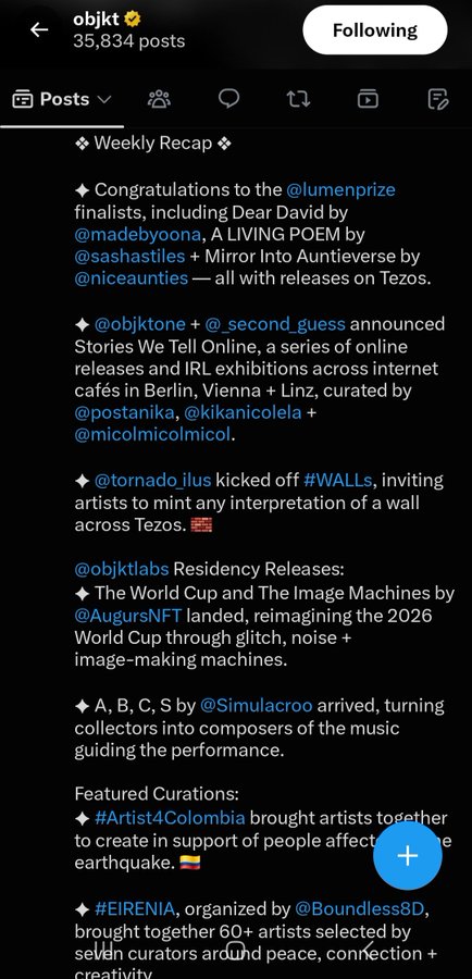 Screenshot of the objkt Weekly Recap on a social feed, highlighting artist announcements and NFT drops on the Tezos blockchain.