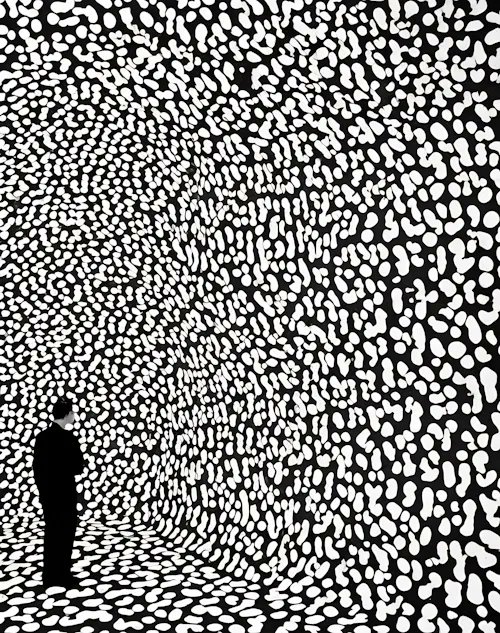 Black and white photograph of a lone figure in dark clothing standing before an immersive installation of densely packed white pebble-like shapes covering walls and floor in a curved room.