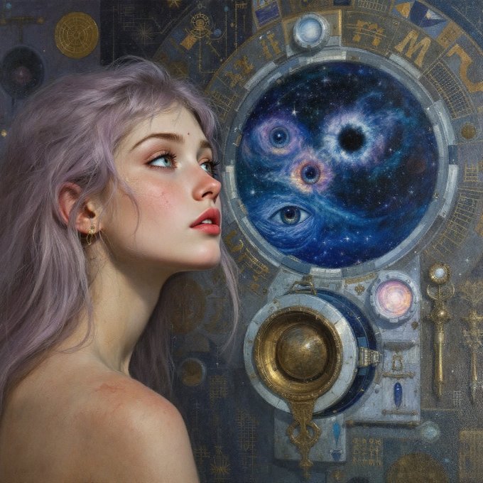 A fantasy portrait of a pale woman with lavender hair looking up at an ornate steampunk-style device with circular portals showing cosmic nebulae and watchful eyes.