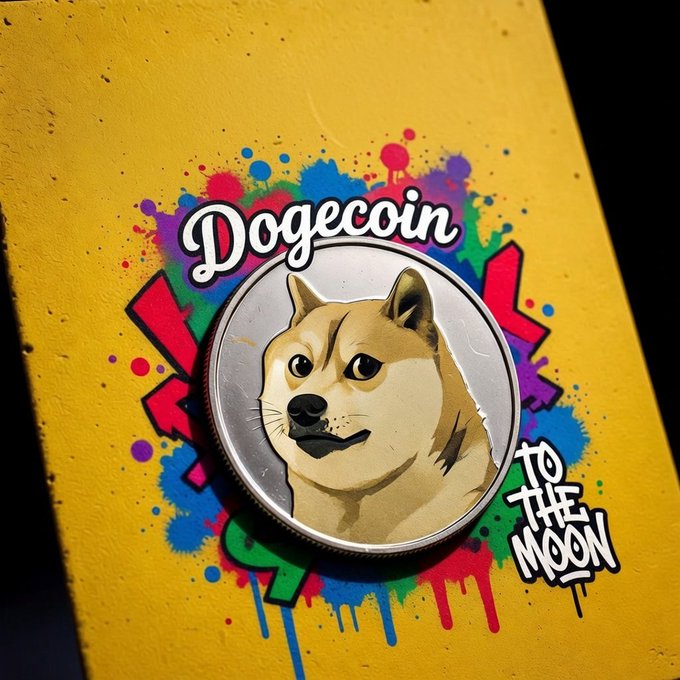 The image features a coin with a cartoon dog face on it, which has been spray-painted with graffiti. The word "Dogecoin" is written above the coin, indicating that it is related to the cryptocurrency Dogecoin.