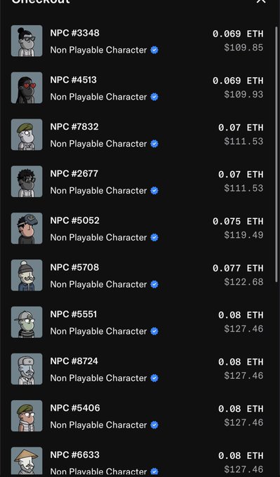 A checkout screen listing various NPCs (Non Playable Characters) #3348 through #6633 for sale with prices ranging from 0.069 ETH ($109.85) to 0.08 ETH ($127.46).