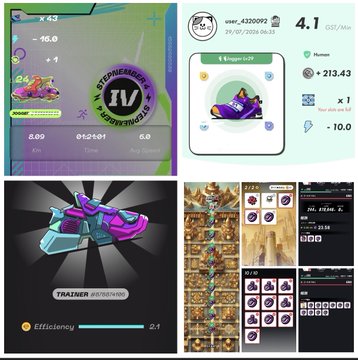 A collage of screenshots from a mobile racing/NFT game featuring vehicle stats, a purple hovercraft-style vehicle labeled 'TRAINER #500140' with Efficiency 2.4, and gameplay scenes showing coin collection and a leaderboard.