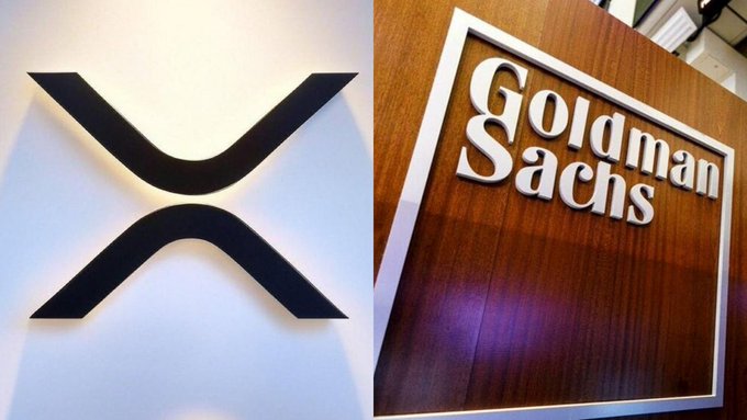 The image is split into two halves: on the left is the XRP cryptocurrency logo (a black "X" symbol on a white background), and on the right is the iconic "Goldman Sachs" name plaque mounted on a wooden background. This visual pairing directly illustrates the post's claim of Goldman Sachs accumulating over 84 million XRP tokens in a single quarter.
