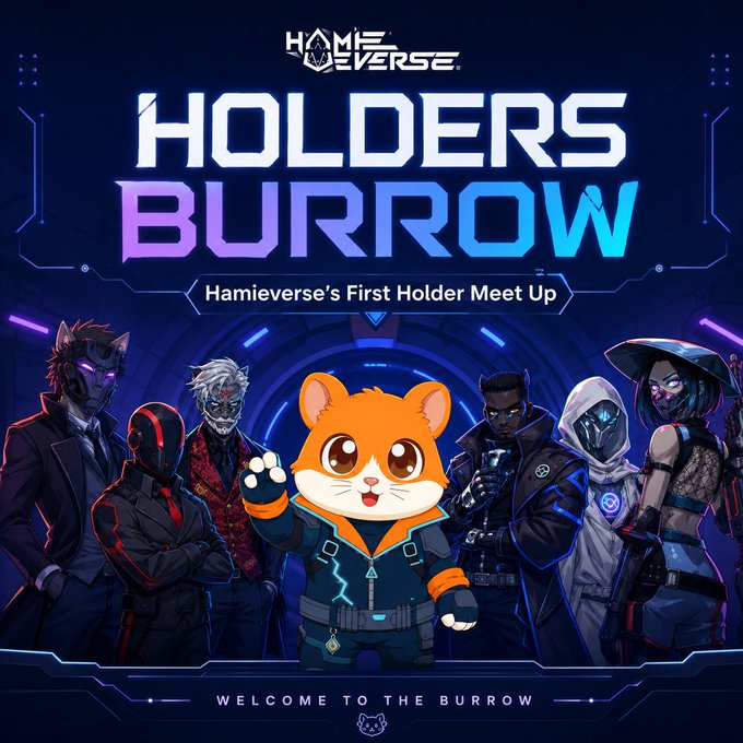 A promotional graphic for 'HAMIEVERSE' featuring 'HOLDERS BURROW - Hamieverse's First Holder Meet Up' with a group of cyberpunk-style characters and an orange cat mascot.
