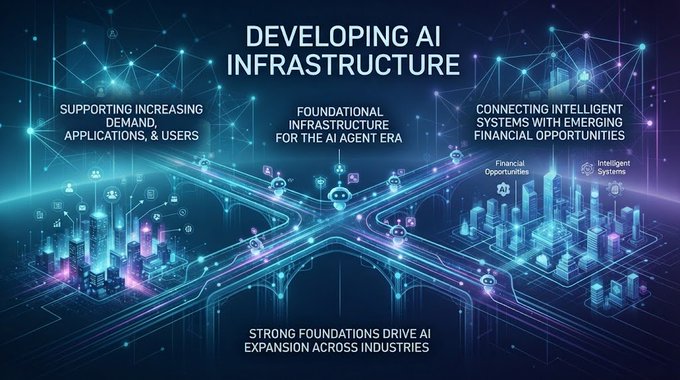 A futuristic digital graphic titled 'DEVELOPING AI INFRASTRUCTURE' illustrates interconnected glowing networks and cityscapes, with text highlighting supporting demand, foundational infrastructure, and connecting intelligent systems with financial opportunities.