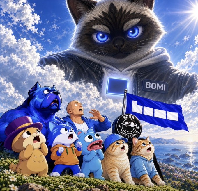 A vibrant digital artwork depicting a giant cat-like figure with a 'BOMI' name tag looming over a group of smaller characters and cats, with a flag reading 'SDRB TASK FORCE' set against a bright sky.