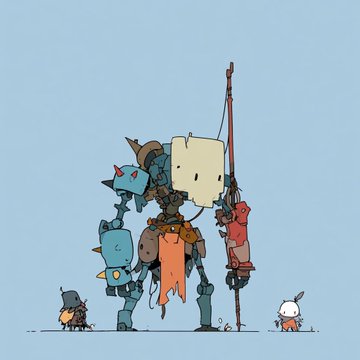 A whimsical cartoon illustration of a tall, patchwork robot figure holding a staff, accompanied by two small robot companions on a blue background.