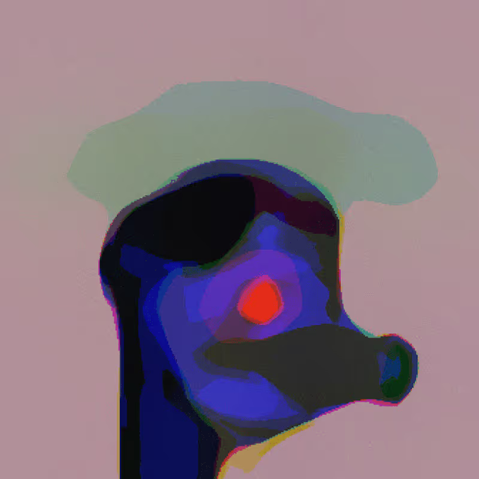 An abstract digital painting featuring a blue and purple form with a bright red circular center, set against a soft pink background with a greenish-blue cloud-like shape above.
