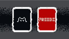 A pixel-art logo shows two rounded square icons, one black with a white outline symbol and one red marked “FREEZE,” on a gray distressed background.