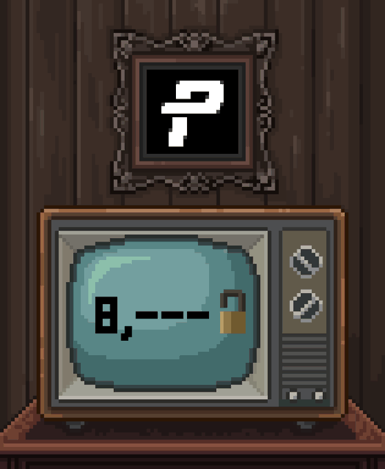 Pixel art showing a vintage television set with a blue screen displaying a locked password field and an hourglass icon in a picture frame above it.