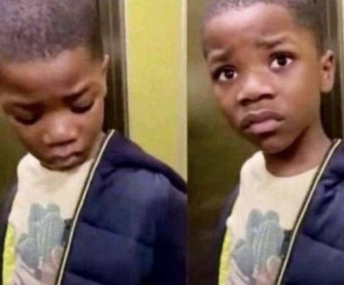 Side-by-side meme of a young boy looking down on the left and then looking up skeptically at the camera on the right, wearing a blue puffer vest over a graphic t-shirt.