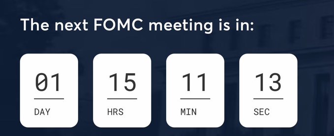 A countdown timer shows 01 day, 15 hours, 11 minutes, and 13 seconds until the next FOMC meeting, reinforcing the post's urgency about tomorrow's anticipated 93.5% rate hike probability.