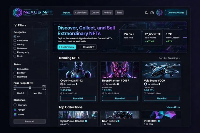 A dark-themed website interface for 'NEXUS NFT' displays trending digital collectibles, including 'Cyber Nova #1142' and 'Neon Phantom #0087', with platform statistics at the top.