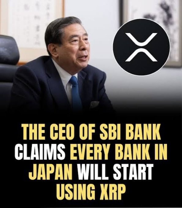 The image features a man sitting behind a desk, wearing a suit and tie. The text at the bottom of the image reads "The CEO of SBI Bank claims every bank in Japan will start using XPr using this image".
