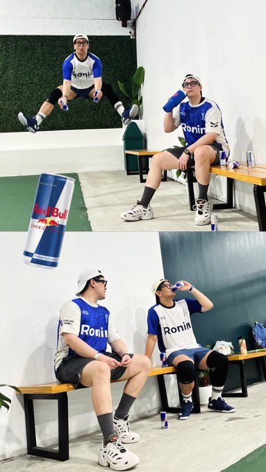 A collage of photos showing members of a sports team wearing blue and white 'Ronin' jerseys, sitting on a bench in a locker room setting with a Red Bull can visible.