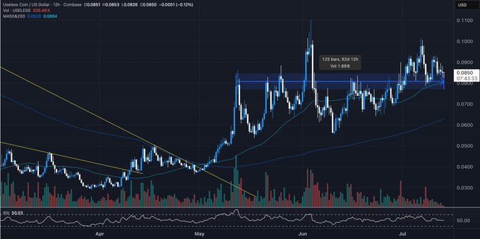A 12-hour candlestick chart of $USELESS/US Dollar (ticker: USELESS) showing a strong uptrend from ~$0.03 in April to highs near $0.10 in June, with the current price at $0.0853 (-0.15%), accompanied by a 125-bar volume profile (Vol 1.668) and RSI (50.63) indicator—the visual evidence backing the claim of consecutive double-digit gains as the coin broke out above its 50/200-day moving averages (shown as MA50: 0.0804, MA200: 0.0511).