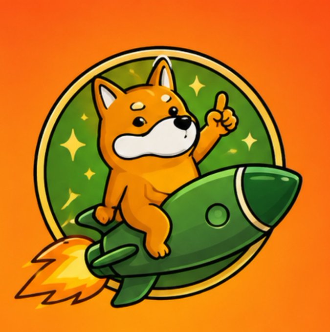 A cartoon illustration of an orange Shiba Inu dog riding a green rocket ship against an orange background.