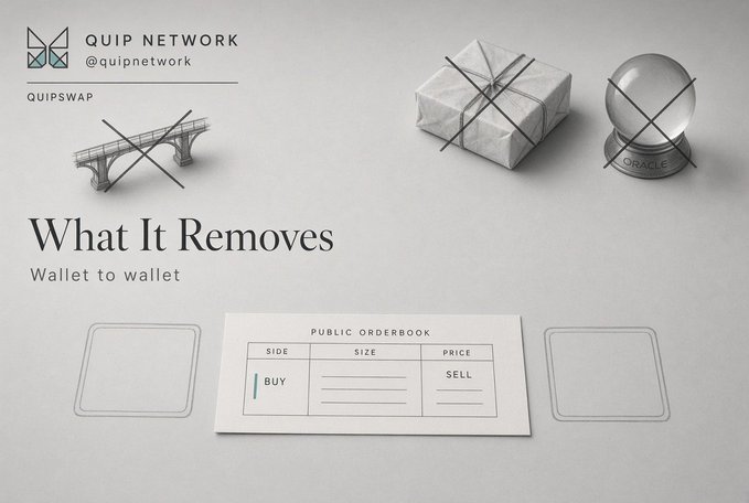 A promotional graphic for Quip Network's QuipSwap featuring illustrations of a crossed-out bridge, package, and Oracle crystal ball, with text reading 'What It Removes' and 'Wallet to wallet.'