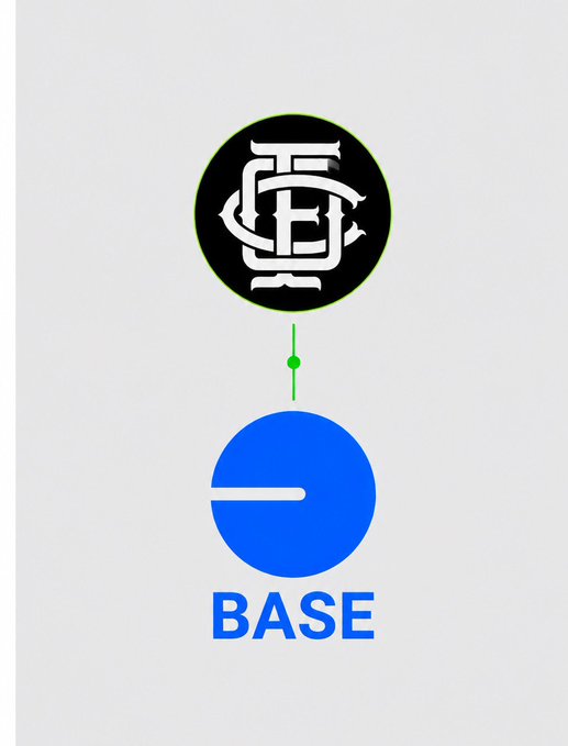 A graphic showing a black and green circular logo connected by a green dotted line to a blue Base logo with the text "BASE" beneath it, indicating a link or transfer between platforms.