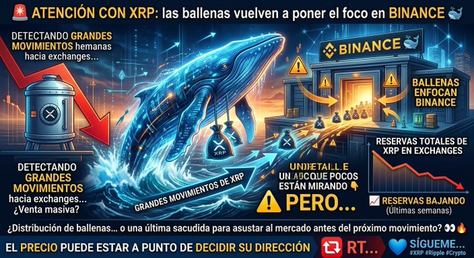 A dramatic crypto-themed graphic featuring a glowing whale and XRP money bags warns that large XRP movements toward Binance are being detected, with text highlighting declining total XRP reserves on exchanges and suggesting whales may be targeting "Uniquetalle" while the price "could be at a point of deciding its direction." The Spanish text reinforces the post's warning about potential whale activity and selling pressure on Binance despite shrinking exchange reserves.
