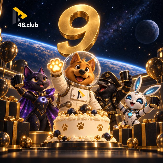 A 48.club promotional graphic featuring cartoon animal characters in space-themed outfits celebrating around a paw-print cake with a large golden '9' above them, set against a cosmic background.